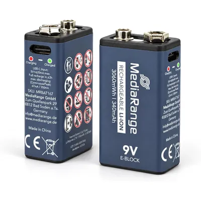 MEDIARANGE Rechargeable USB-C Li-Ion Batteries 9V E-Block 340mAh (2-Pack) (MRBAT167) (MRBAT167)