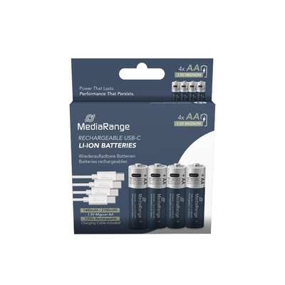MediaRange Rechargeable USB-C Li-Ion Batteries, Mignon AA I 1.5V I 1.400mAh, 4-Pack (MRBAT161)