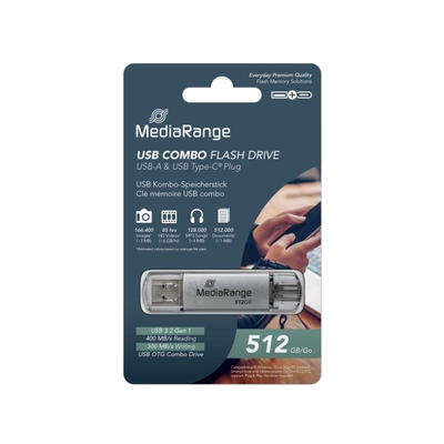 MediaRange USB 3.2 Gen 1 Combo Flash Memory Drive with USB-A and USB-C®, with Protective Caps, Silver, 512GB (MR940-1)