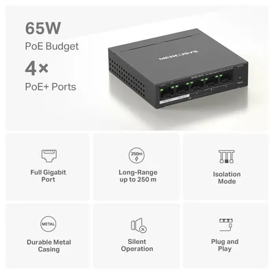 MERCUSYS Desktop Switch MS105GP, 5x 10/100/1000 Mbps, PoE+, V.3.0