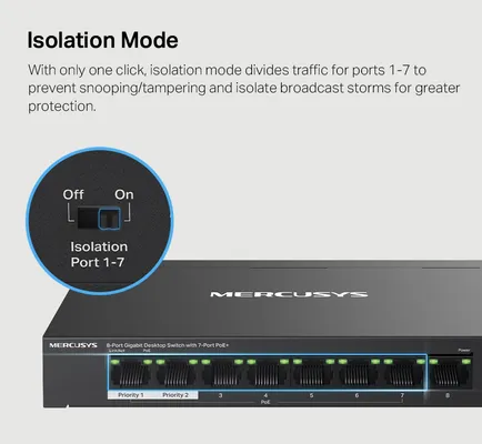 MERCUSYS Desktop Switch MS108GP, 8x 10/100/1000 Mbps, PoE+, V.1.20