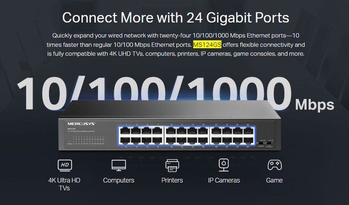 MERCUSYS desktop/rackmount switch MS124GS, 24x Gigabit θύρες, V1.0