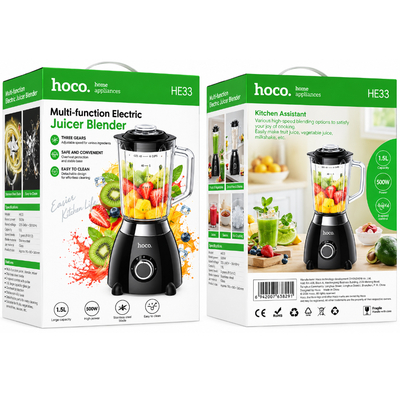 Μπλέντερ Hoco. HE33 Retro 1.5lt 500W με Λεπίδες απο Ανοξείδωτο Ατσάλι Γυάλινη Κανάτα 2 Ταχύτητες + Pulse Μαύρο