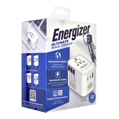 Παγκόσμιος Φορτιστής Ταξιδίου Energizer ETC450 US/AU UK EU με 1xUSB-A 30W και 2xUSB-C 45W/12W GaN Λευκός