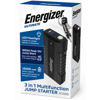 Power Bank Energizer JE12000 12000mAh PD15W QC με 2xUSB-A 1xUSB-C LED Ένδειξη Μπαταρίας και Προσάρτημα Εκκίνησης Αυτοκινήτου 1800A Ασημί