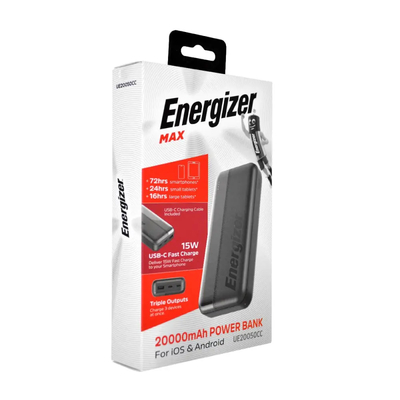Power Bank Energizer UE20050CC 20000mAh 15W Fast Charge με 2xUSB-C 1xUSB-A και LED Ένδειξη Μπαταρίας Μαύρο