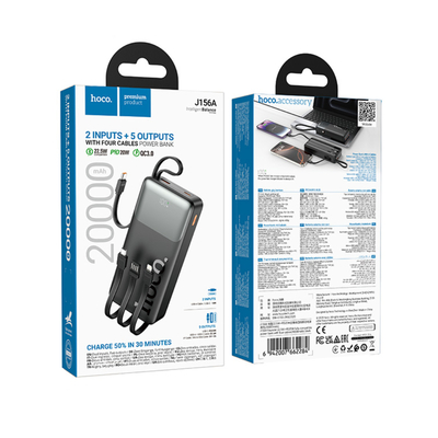 Power Bank Hoco J156A Founder 20000mAh PD20W QC με Θύρες USB+USB-C Ενσωματωμένα Καλώδια USB-C USB Lighting Micro LED Ένδειξη Μπαταρίας Μαύρο