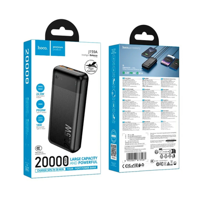 Power Bank Hoco J159A Essence 20000mAh 2xUSB-A 22.5W 1xUSB-C PD20W 1xMicroUSB 18W LED με Πιστοποιητικό CCC Μαύρο