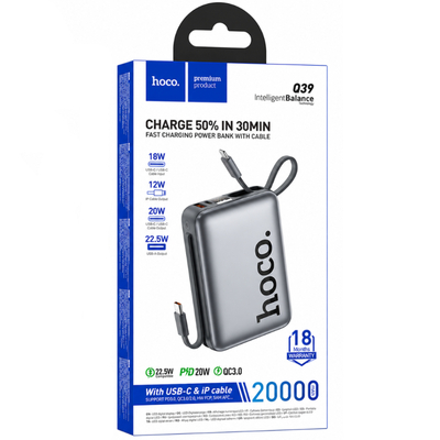 Power Bank Hoco Q39 20000mAh 22.5W PD20W QC3.0 1xUSB-A 1xUSB-C Ενσωματωμένα Καλώδια USB-C Lighting Γκρι με Πιστοποιητικό CCC
