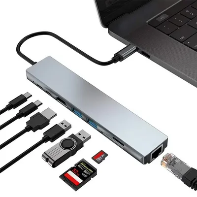 POWERTECH docking station PT-1536, 8 θυρών, USB-C σύνδεση, 87W PD, 100Mbps, γκρι