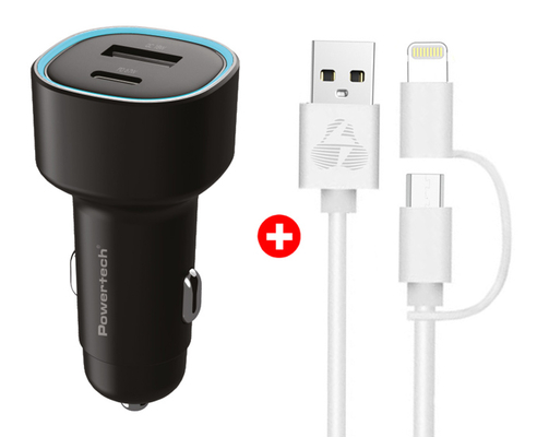POWERTECH φορτιστής αυτοκινήτου με καλώδιο MFi USB σε micro USB/Lightning BNDL-0207, USB & USB-C, 85W, μαύρο/λευκό