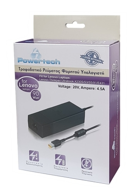 POWERTECH φορτιστής laptop PT-118 για LENOVO, 90 watt, 20V - 4.5A, μαύρος