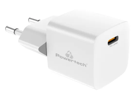 POWERTECH σούπερ μίνι φορτιστής τοίχου PT-1223, USB-C, 20W, λευκός