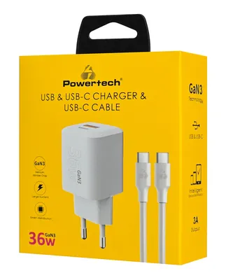 POWERTECH φορτιστής τοίχου PT-1351 με καλώδιο, USB/USB-C, 36W, GaN, λευκός