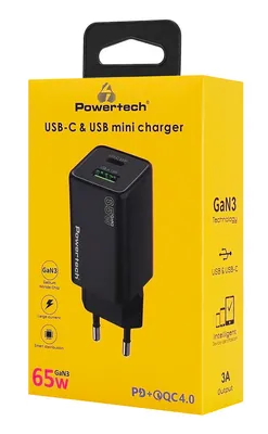 POWERTECH φορτιστής τοίχου PT-1501, USB/USB-C, 65W, GaN, μαύρος