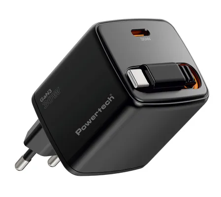 POWERTECH φορτιστής τοίχου PT-1571 με πτυσσόμενο καλώδιο, USB-C, 30W, GaN, μαύρος