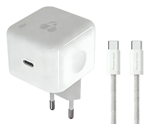 POWERTECH φορτιστής τοίχου PT-1581 με καλώδιο, USB-C, 40 έως 60W, GaN, AVS, λευκός