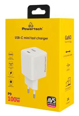 POWERTECH φορτιστής τοίχου PT-1612, USB-C, 100W, GaN, AVS, λευκός