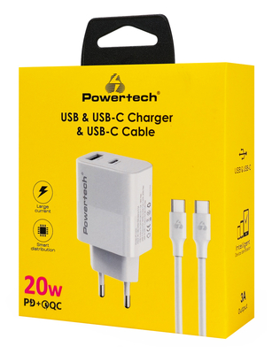 POWERTECH φορτιστής τοίχου PT-1635 με καλώδιο, USB/USB-C, 20W, λευκός