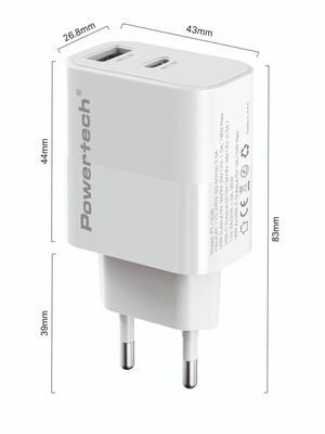 POWERTECH φορτιστής τοίχου PT-1636 με καλώδιο, USB/USB-C, 30W, GaN, λευκός