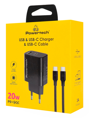 POWERTECH φορτιστής τοίχου PT-1637 με καλώδιο, USB/USB-C, 20W, μαύρος