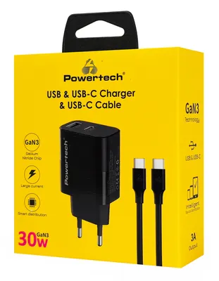 POWERTECH φορτιστής τοίχου PT-1638 με καλώδιο, USB/USB-C, 30W, GaN, μαύρος
