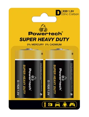 POWERTECH μπαταρίες Zinc Carbon Super Heavy Duty PT-1222, R20 1.5V, 2τμχ