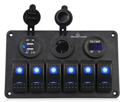 POWERTECH πάνελ σκαφών & οχημάτων PTL-020, πρίζα 12V/2x USB/6x διακόπτες