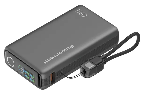 POWERTECH power bank PT-1639 με οθόνη & καλώδιο, 10000mAh, 65W, γκρι