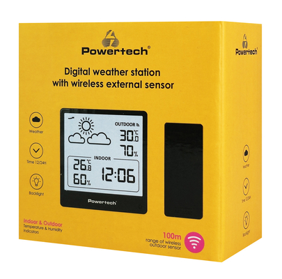 POWERTECH ψηφιακός μετεωρολογικός σταθμός PT-1657 με ασύρματο εξωτερικό αισθητήρα, μαύρος