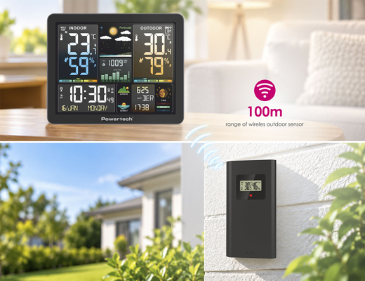 POWERTECH ψηφιακός μετεωρολογικός σταθμός PT-1660 με ασύρματο εξωτερικό αισθητήρα, ξυπνητήρι, μαύρος