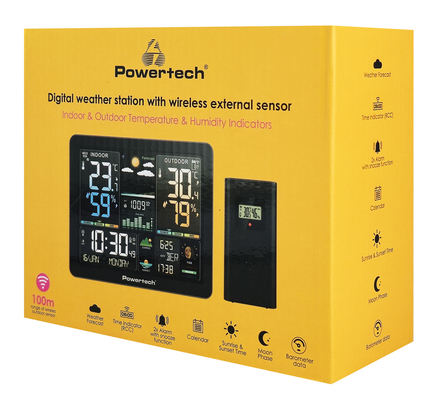 POWERTECH ψηφιακός μετεωρολογικός σταθμός PT-1660 με ασύρματο εξωτερικό αισθητήρα, ξυπνητήρι, μαύρος