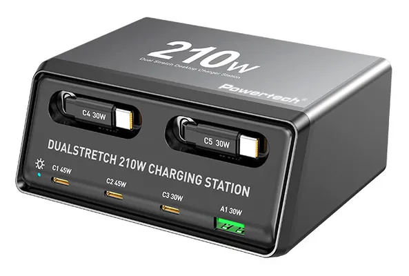 POWERTECH σταθμός φόρτισης PT-1623, USB/3x USB-C/2x USB-C καλώδια, GaN, 160W, μαύρος