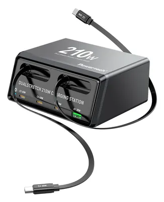 POWERTECH σταθμός φόρτισης PT-1623, USB/3x USB-C/2x USB-C καλώδια, GaN, 160W, μαύρος