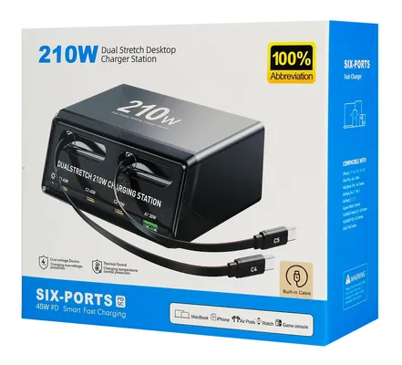POWERTECH σταθμός φόρτισης PT-1623, USB/3x USB-C/2x USB-C καλώδια, GaN, 160W, μαύρος