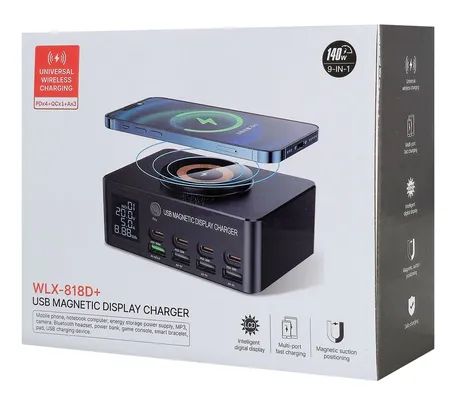 POWERTECH σταθμός φόρτισης PT-1625 με οθόνη, 4x USB/4x USB-C/wireless, 140W, μαύρος