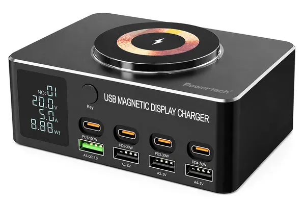 POWERTECH σταθμός φόρτισης PT-1625 με οθόνη, 4x USB/4x USB-C/wireless, 140W, μαύρος