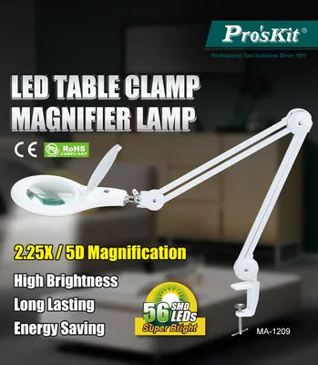 PROSKIT μεγεθυντικός φακός MA-1209LI με σφιγκτήρα, LED, 5D 2.25x, λευκός