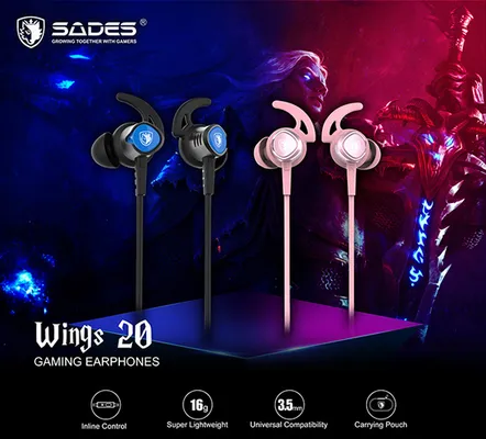 SADES gaming earphones Wings 20 με μικρόφωνο, 3.5mm, Φ12mm, 1.2m, ροζ
