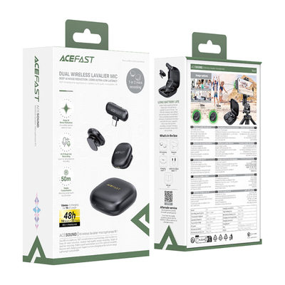 Σετ 2 Μικρόφωνα Πέτου Lavalier Acefast R1 HD AI Μείωση Θορύβου Ακτίνα 50m και Μπαταρία 48hr με USB-C Transmitter και Θήκη Φόρτισης Μαύρο