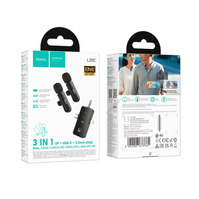Σετ Μικρόφωνα Πέτου Ασύρματα Hoco L20C Fair Lavalier USB-C AUX Lightning 2.4Ghz Εμβέλεια 15m Digital Noise Cancellation ENC 7h Λειτουργίας