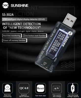 SUNSHINE USB tester φόρτισης SS-302A, V/A/Time/mAh