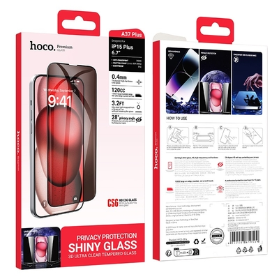Tempered Glass Hoco Premium Series A37 Plus 120CC Large Arc Edges 28° Privacy Angle 3D Anti-Static για Apple iPhone 16 Plus 15 Plus