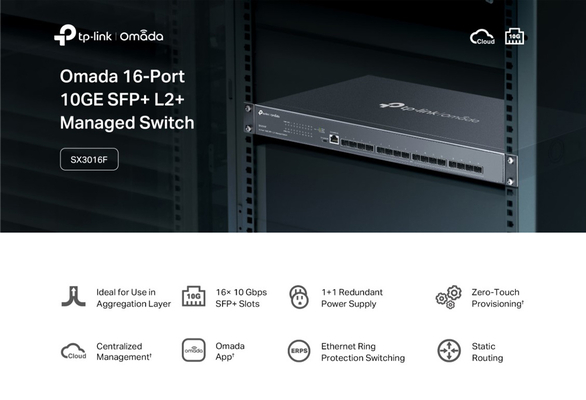 TP-LINK L2+ managed switch SX3016F, 16x 10Gbps SFP+ θύρες, V1.20