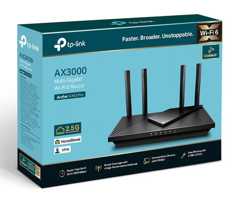 TP-LINK Router Archer AX55 Pro, WiFi 6, 3Gbps AX3000, Dual Band, V.1.0