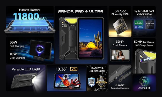 ULEFONE tablet Armor Pad 4 Ultra, 10.36", 8/256GB, 11800mAh, IP68/IP69K, 5G, μαύρο