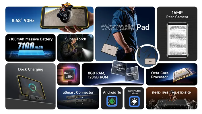 ULEFONE tablet RugKing Pad Pro, 8.68", 8/128GB, 7100mAh, IP68/IP69K/MIL-STD-810H, 4G, μαύρο