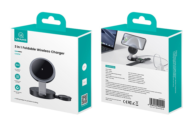 USAMS ασύρματος φορτιστής CD234, 3 σε 1, 15W, μαύρος