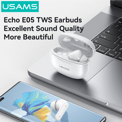 USAMS earphones με θήκη φόρτισης E05, True Wireless, BT 6.0, λευκό