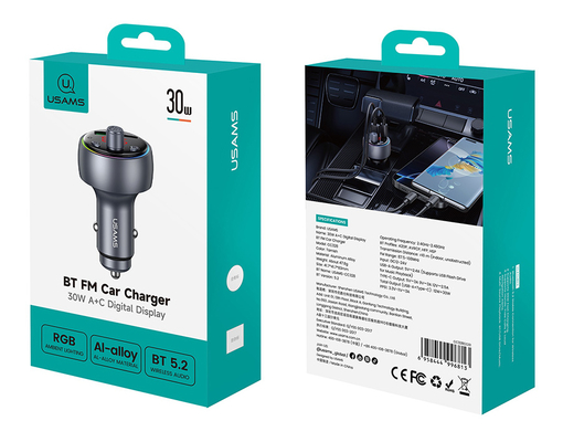 USAMS FM transmitter & φορτιστής CC328, USB/USB-C, 30W, Bluetooth, μαύρο